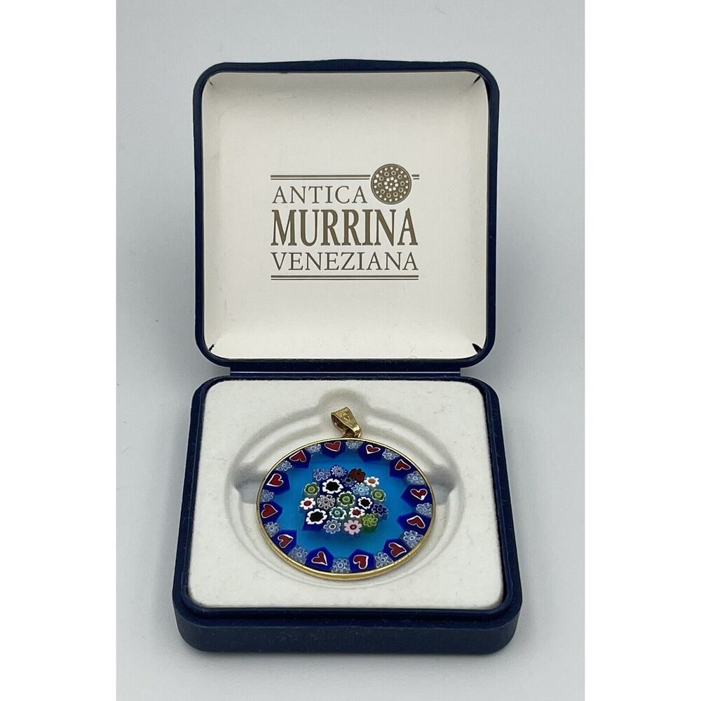 Antica Murrina Veneziana 925 Millefiori Blue W/ Red Hearts Flowers Pendant